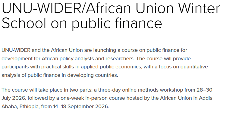 Fully Funded UNU-WIDER and African Union Winter School on Public Finance 2026 in Ethiopia: Applications Open for African Researchers and Policy Analysts