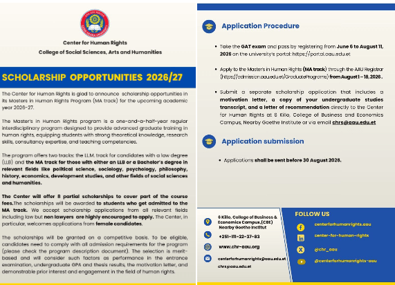 Partial Scholarships for the MA in Human Rights Programme 2026/2027 at Addis Ababa University (AAU): Apply to Advance Justice and Equality