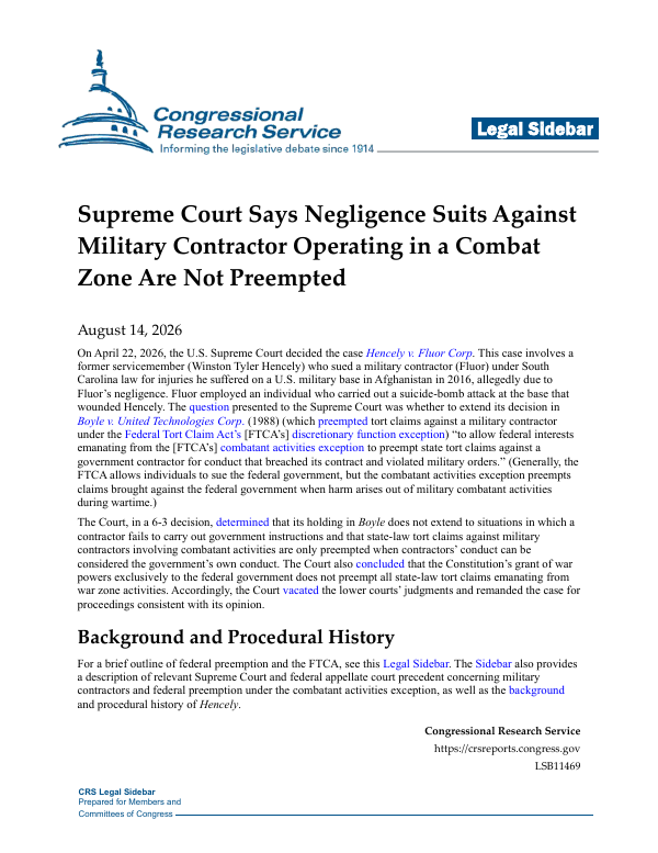  Supreme Court Says Negligence Suits Against Military Contractor Operating in a Combat Zone Are Not Preempted