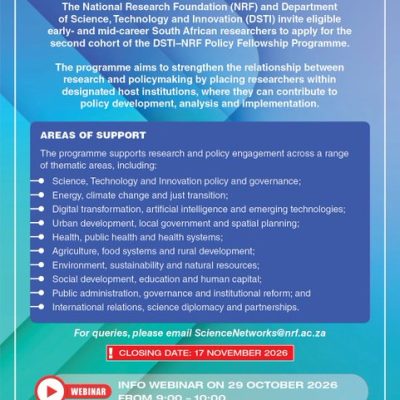 Apply for the DSTI–NRF Policy Fellowship Programme 2026: 24-Month Research-to-Policy Opportunity in South Africa