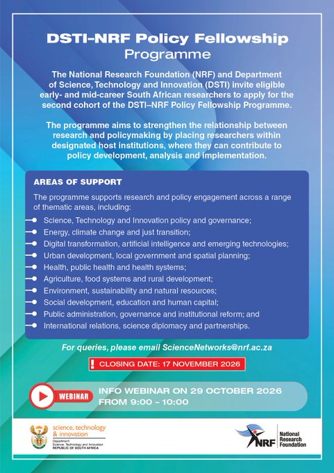 Apply for the DSTI–NRF Policy Fellowship Programme 2026: 24-Month Research-to-Policy Opportunity in South Africa